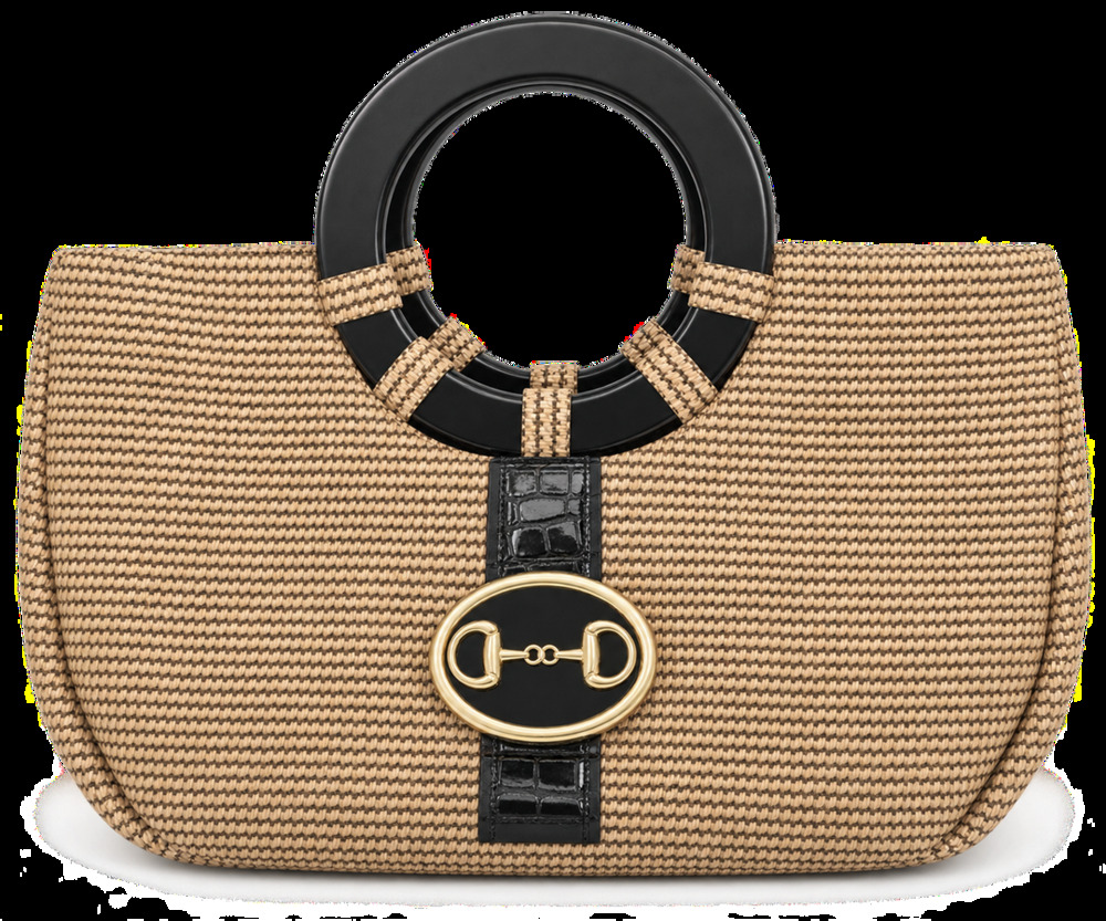 Braciano Straw Woven Handbag With Black Resin Ring Handles And Horsebit Detail